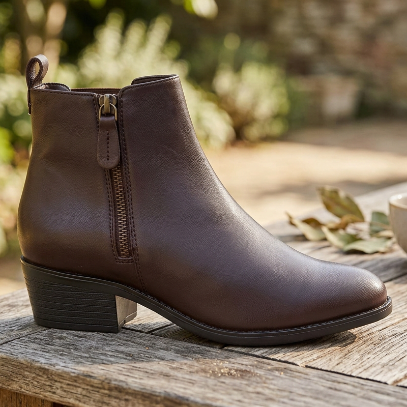 Women's leather ankle boot, dark brown, side zip, mid block heel