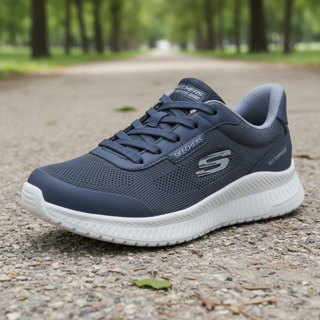 A Skechers athletic sneaker in navy blue and white, positioned on a gravel path with a blurred park background.