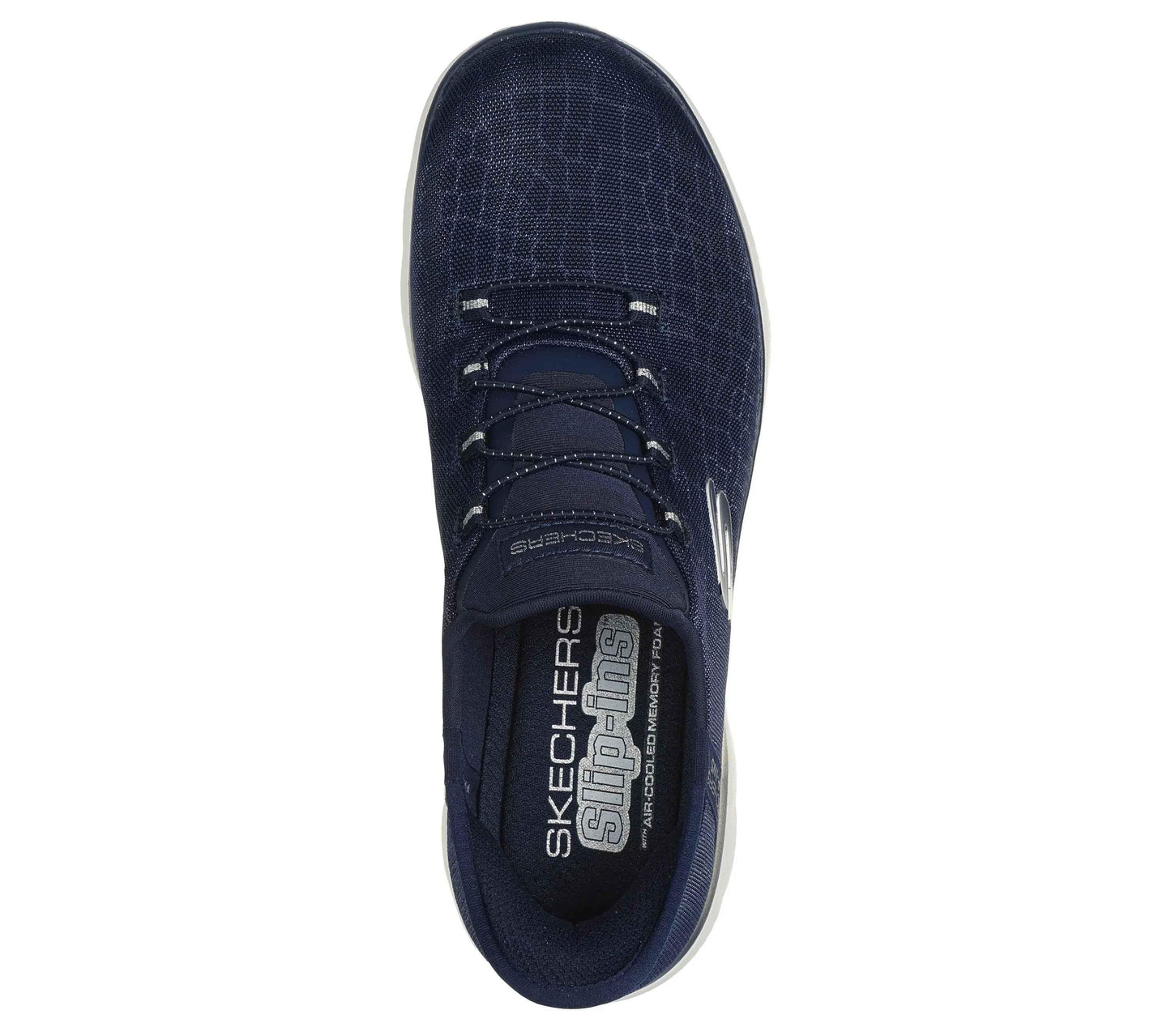 Top view of a navy blue Skechers slip-on athletic shoe with lace detail and white sole