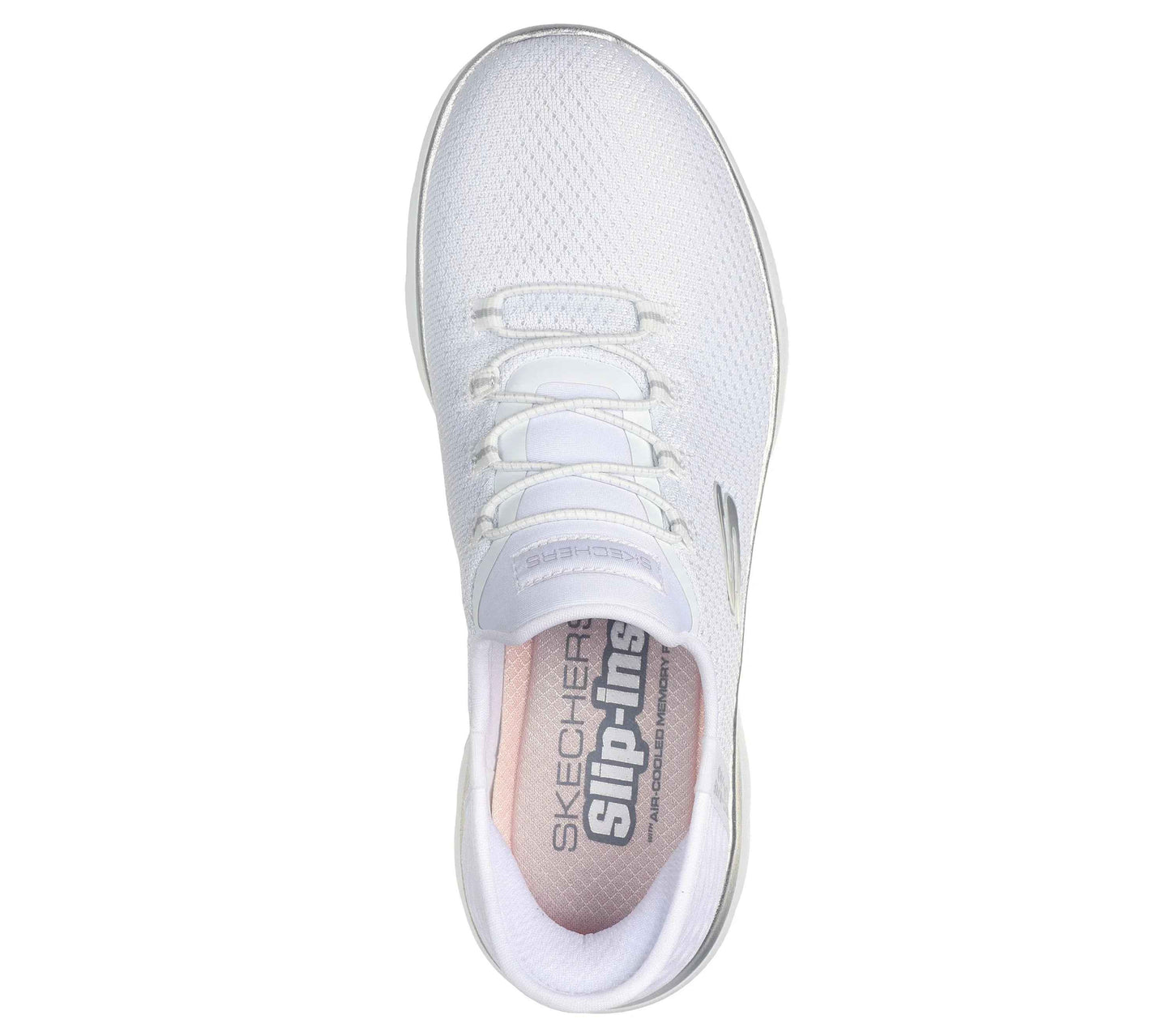 Top view of white Skechers Slip-Ins athletic shoe with breathable mesh upper and cushioned insole