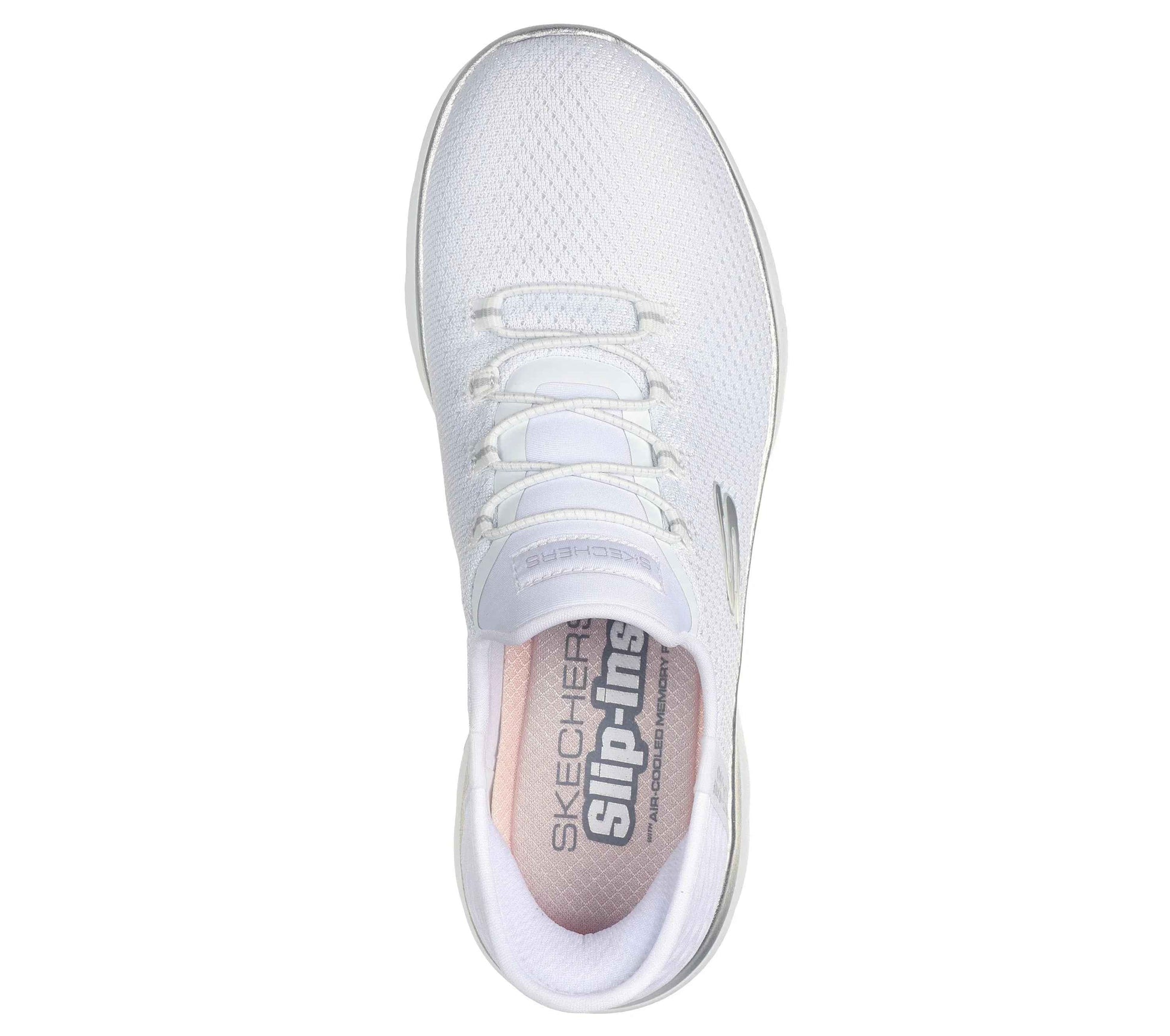 Top view of white Skechers Slip-Ins athletic shoe with breathable mesh upper and cushioned insole