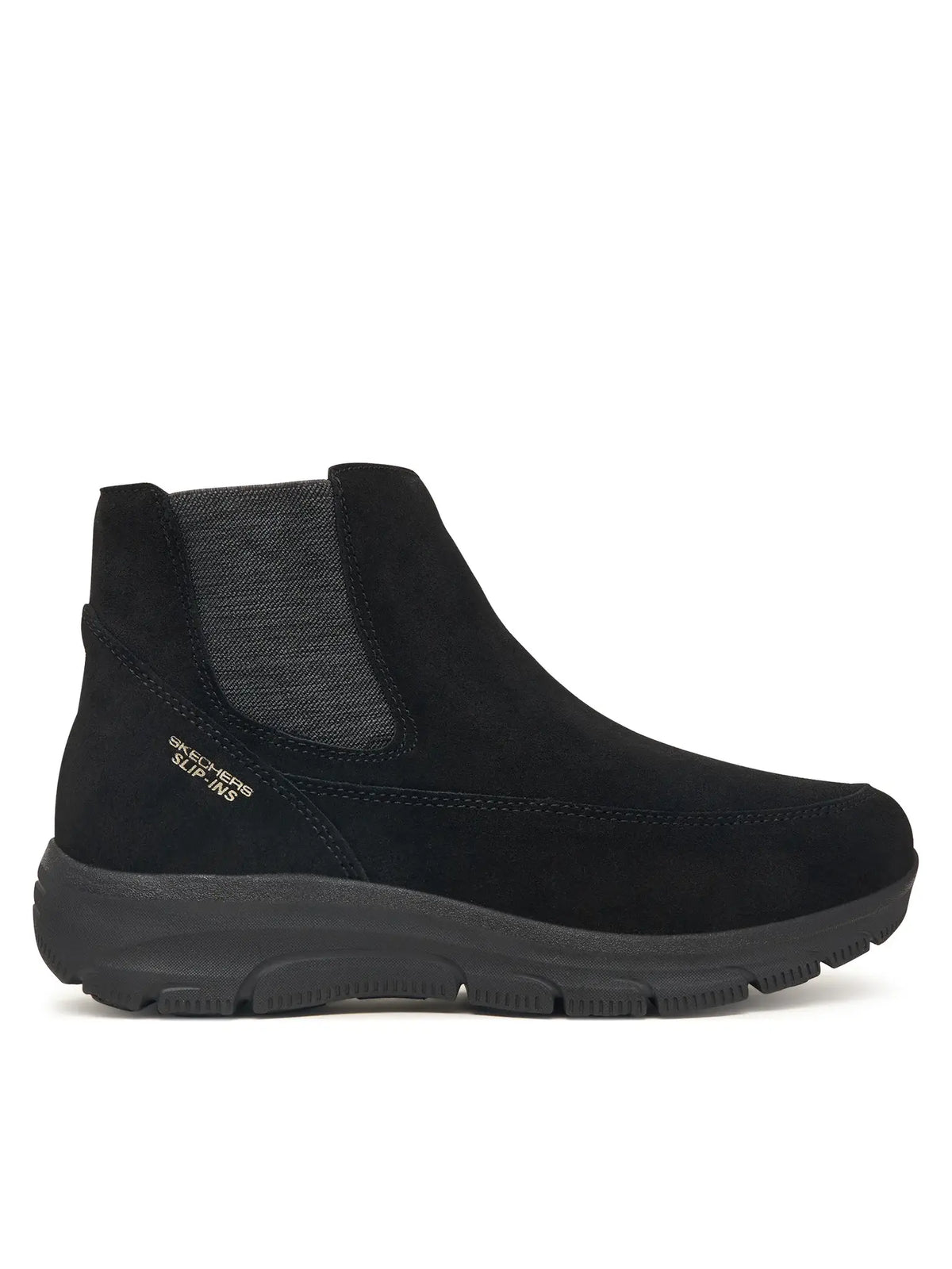 Women's black Chelsea slip-on boot with elastic gore and cushioned collar