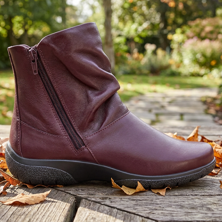 Women's wide-fit ankle boots in dark cherry leather, side zip and textured outsole