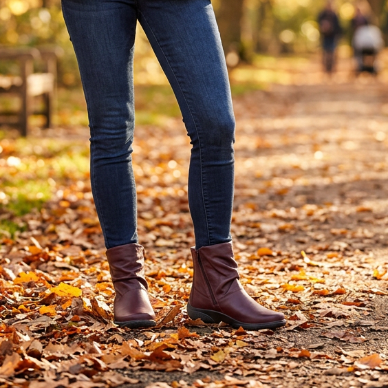 Women's dark cherry leather ankle boots with side zip, worn over jeans on fall leaves