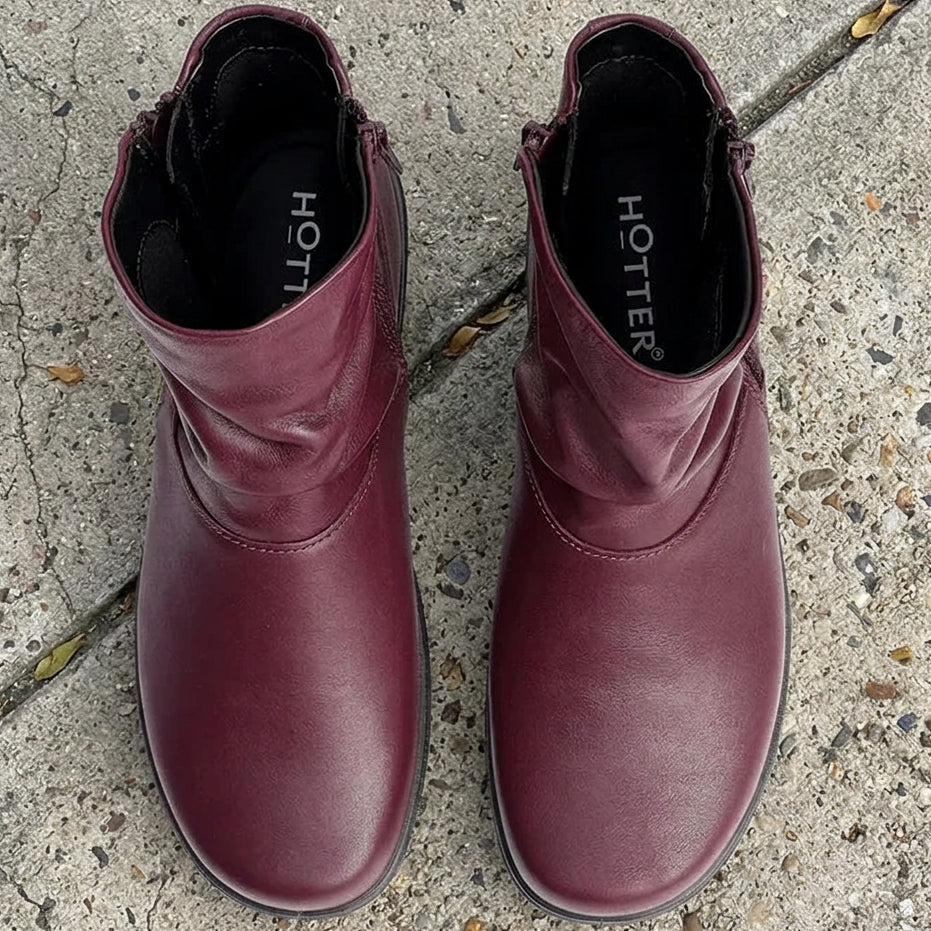 Women's wide-fit ankle boots, dark cherry leather with black lining and side zip